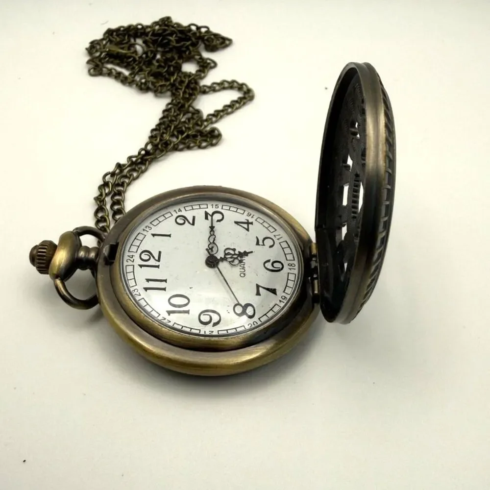 Steampunk Antique Bronze Unisex Quartz Pocket Watch Necklace Chain
